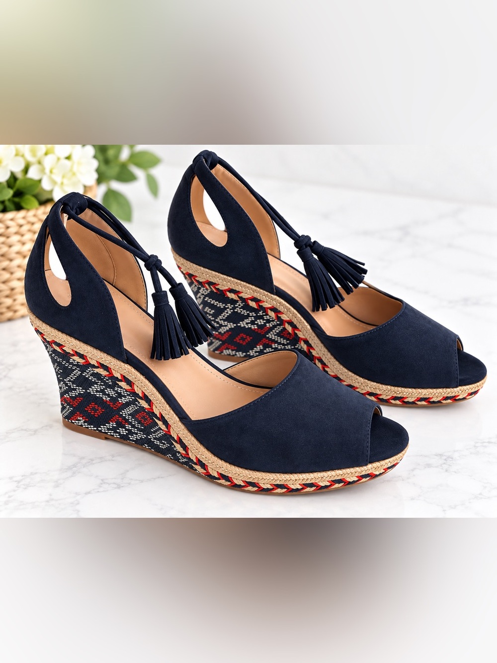 CAbi Isla Navy Suede Espadrille Tassel Wedge Sandals Size 10 NWOB
